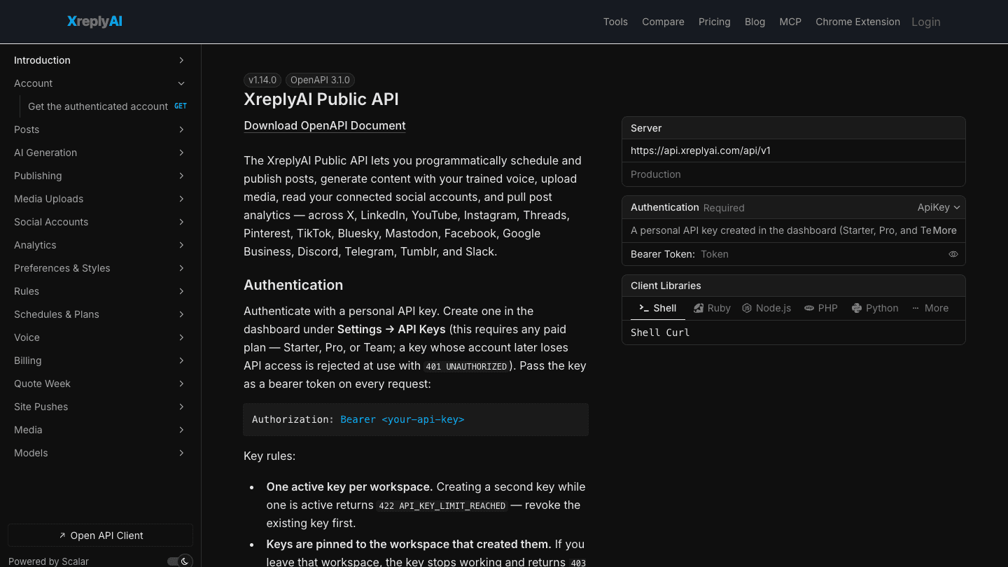 The XreplyAI API reference at developers.xreplyai.com, showing the endpoint sidebar, authentication docs, and the live server URL