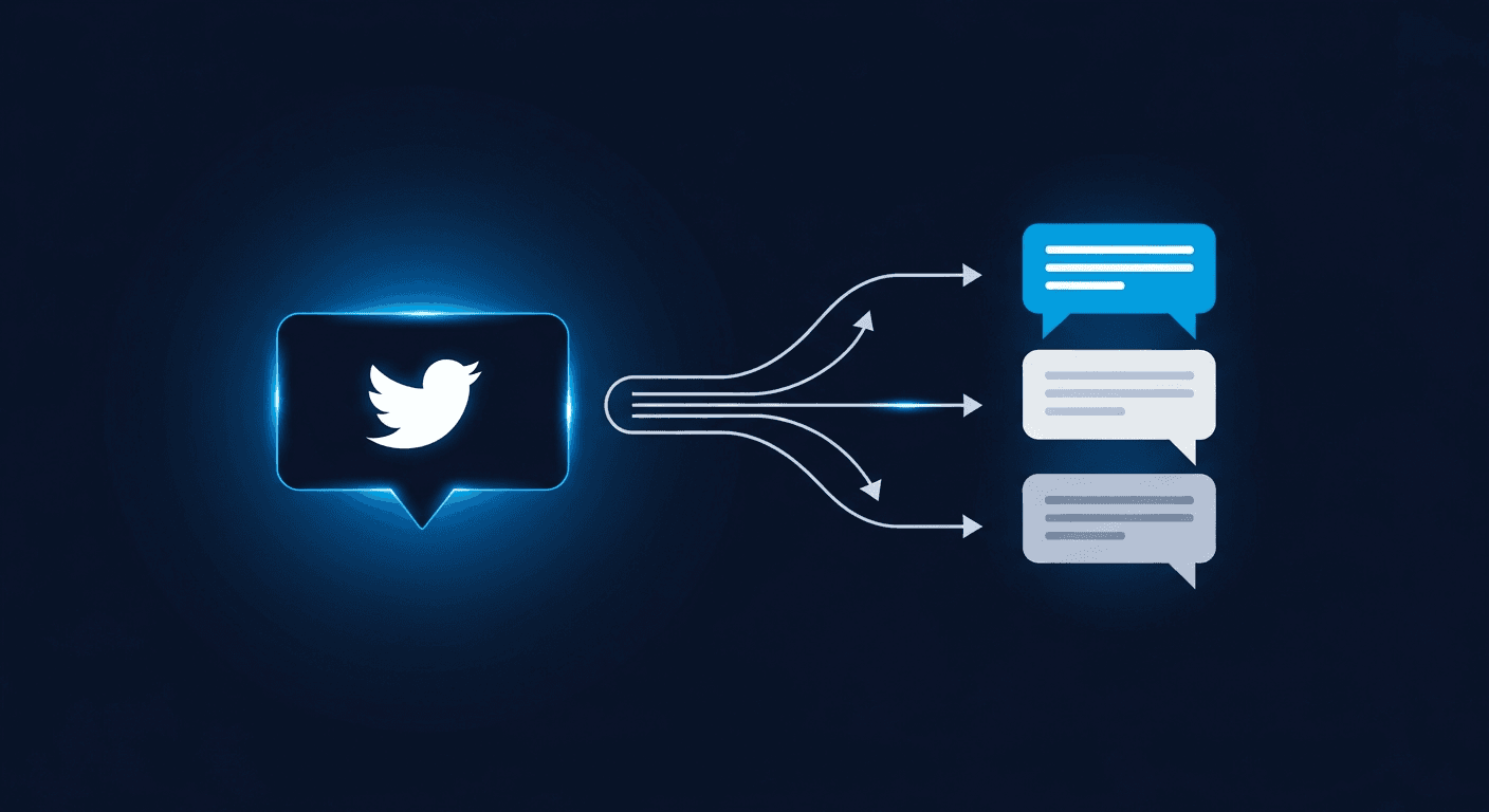 Auto DM feature on X showing DM flow from tweet engagement to automated direct message on dark background