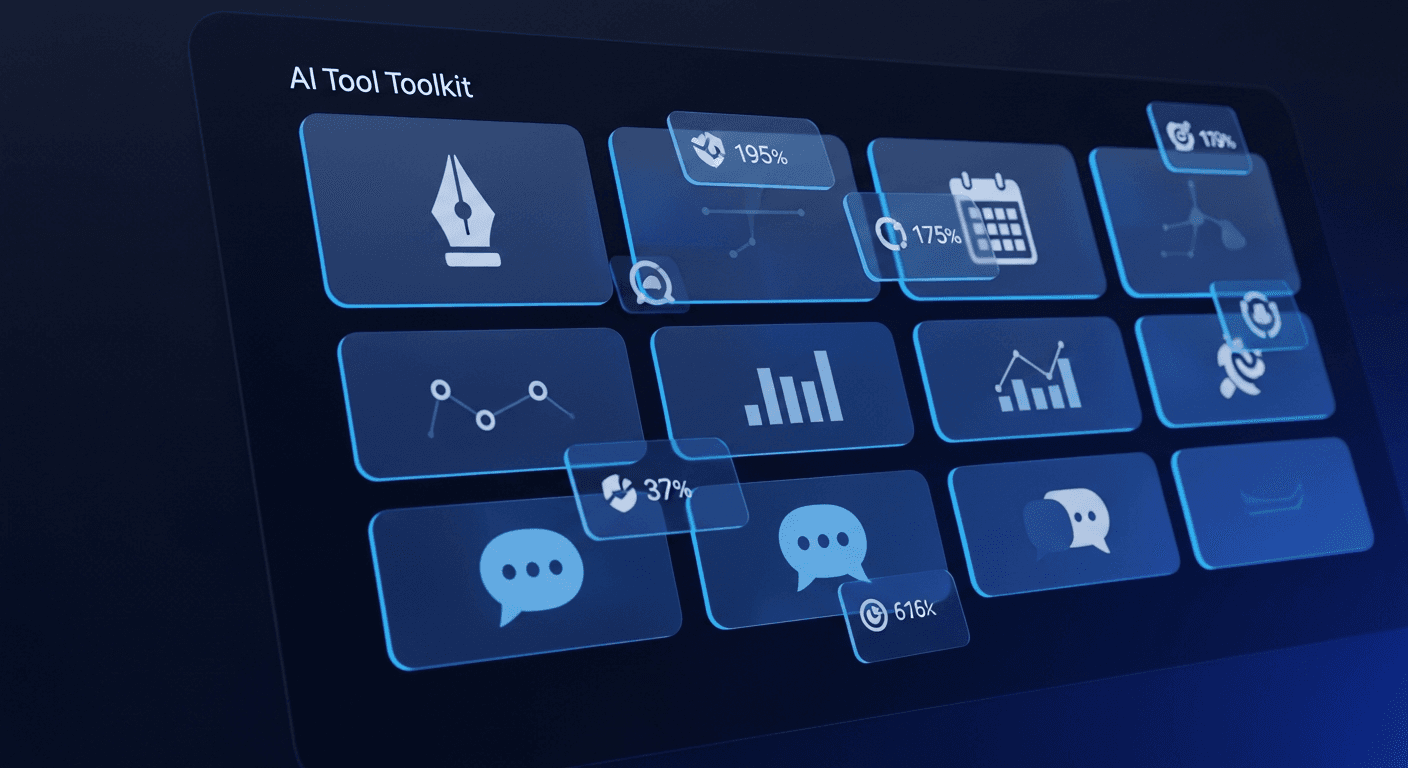 Grid of AI tool cards on a dark mode creator dashboard