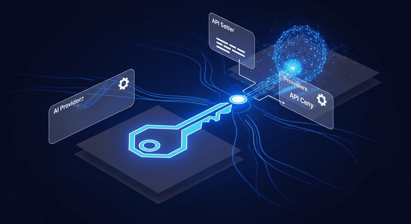 A grid of BYOK AI tool logos on a dark background with API key icons