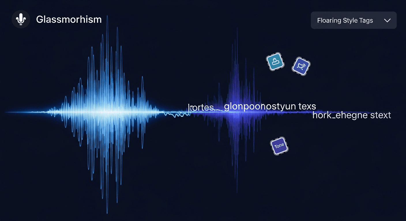 Voice waveform transforming into text on a dark mode social compose panel