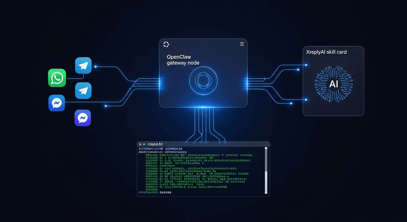 Terminal window showing XreplyAI skill installed on an OpenClaw self-hosted AI gateway