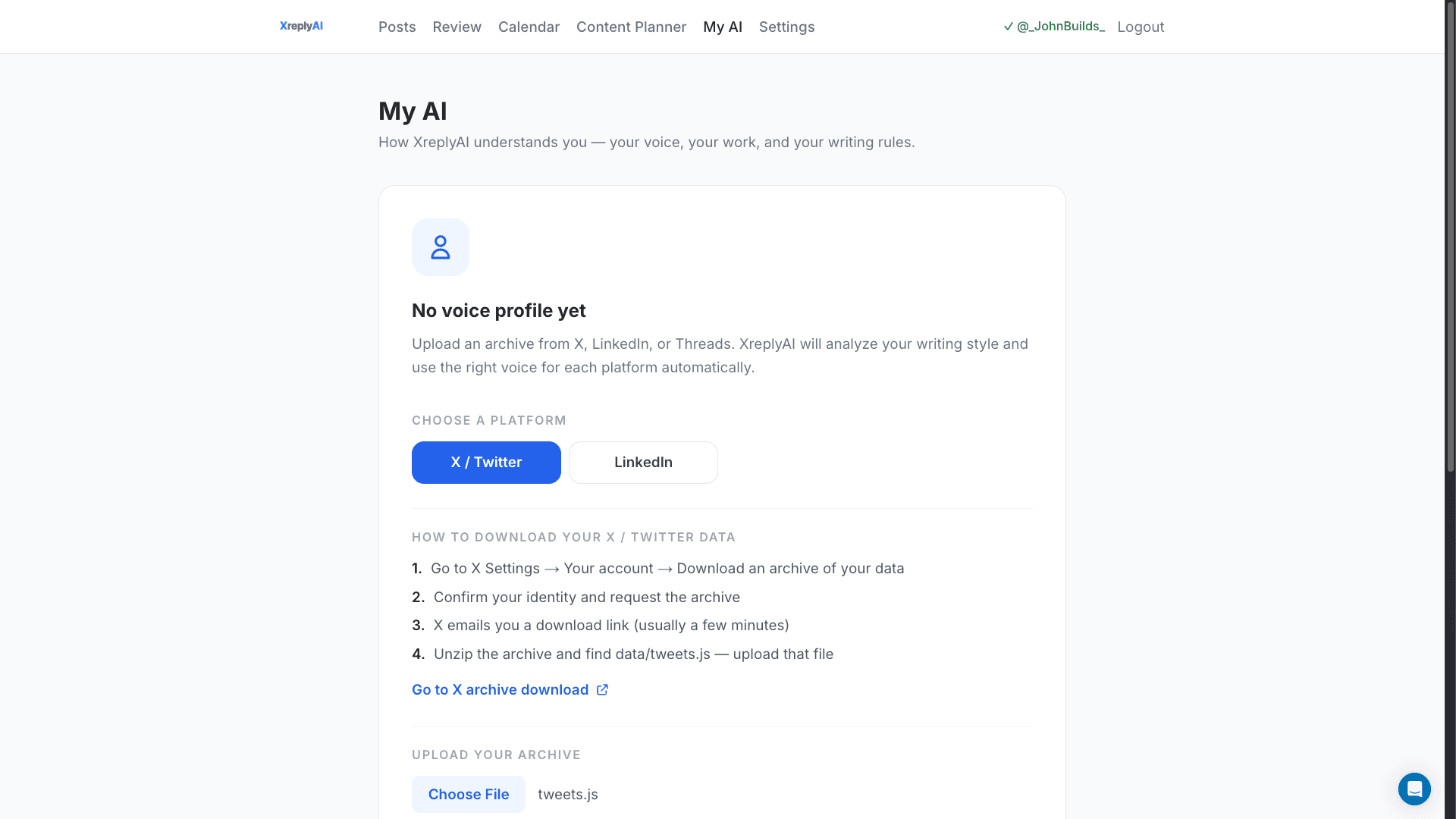 XreplyAI voice profile setup screen