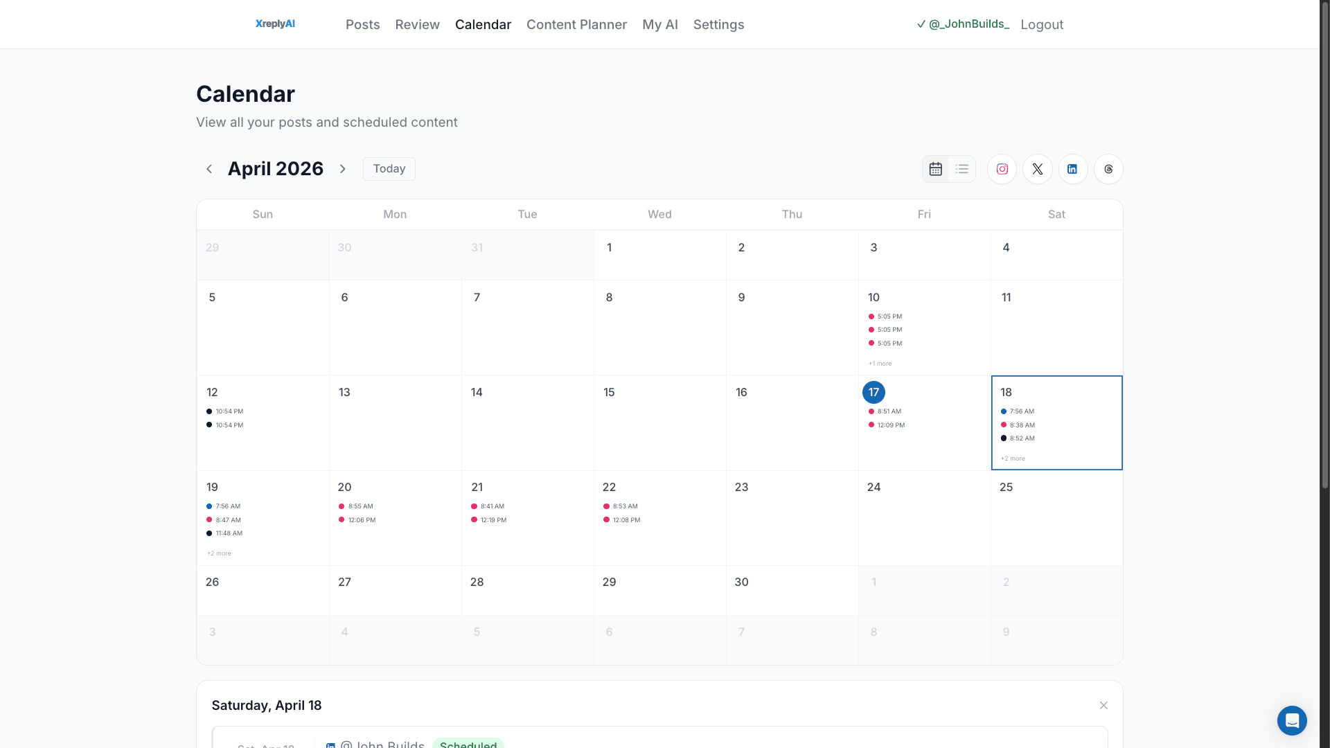 XreplyAI calendar showing posts scheduled across all 15 social media platforms from one place
