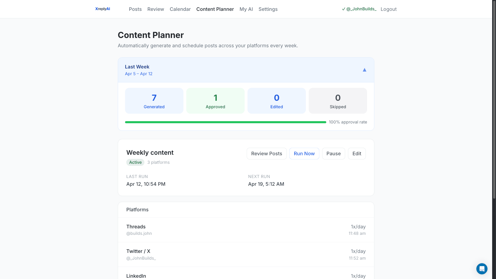 XreplyAI content planner for batching a week of posts at once