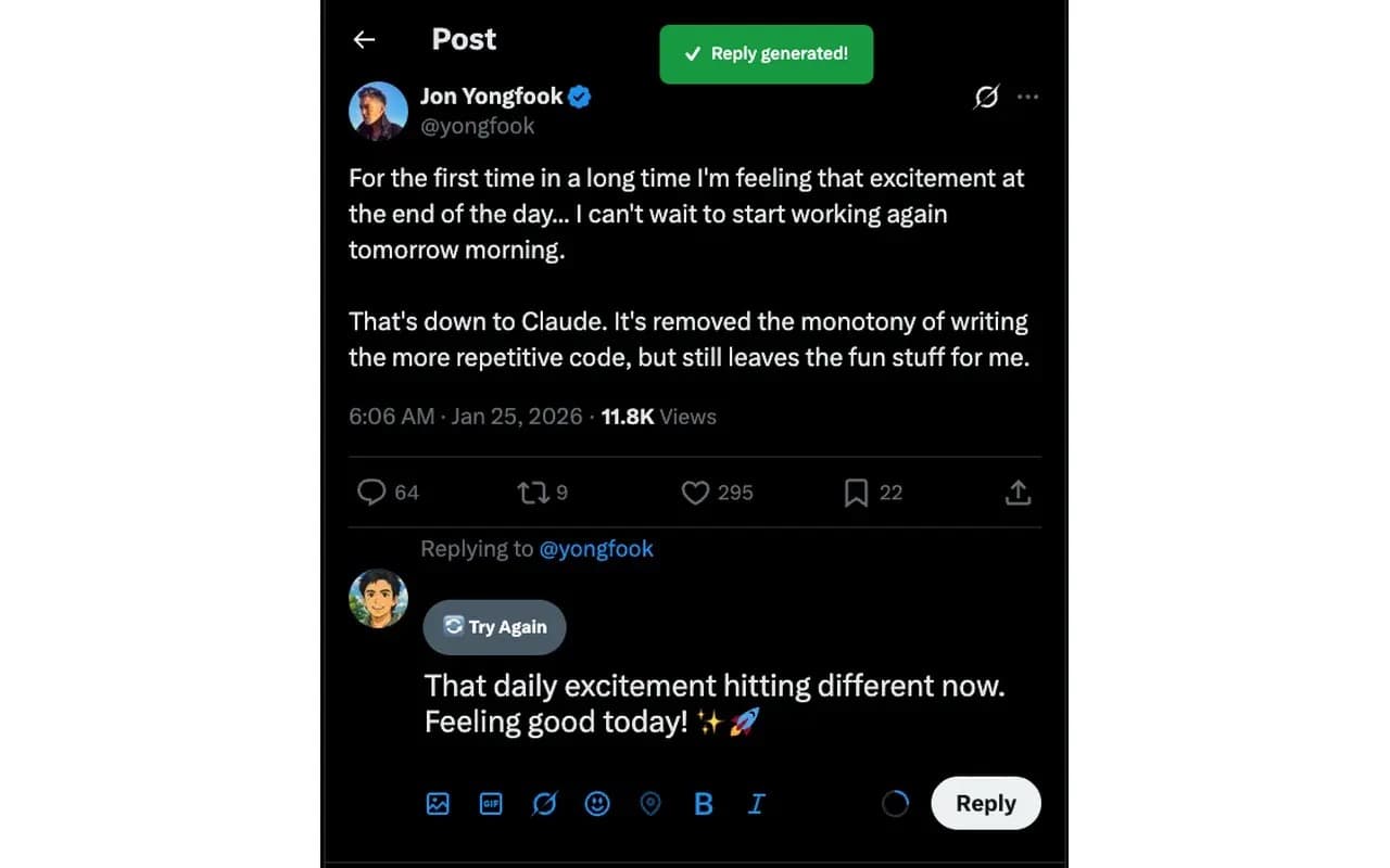 XreplyAI Chrome extension generating a reply draft on X