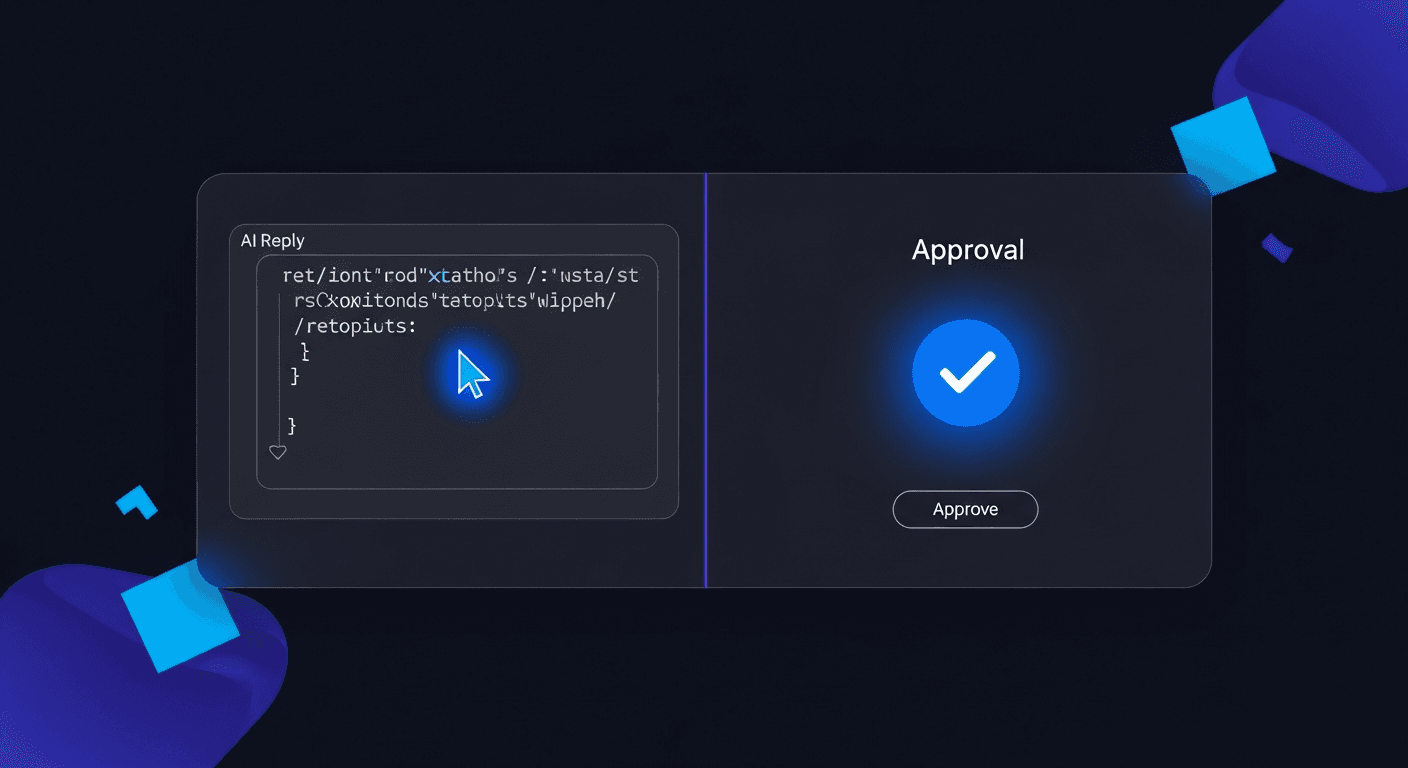 Split-panel interface showing AI-drafted reply text alongside a review and approve UI