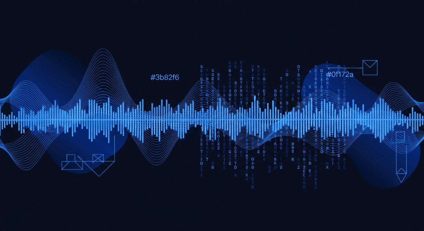 Abstract dark-mode visualization of AI voice patterns and LinkedIn content creation with electric blue accents on deep navy background