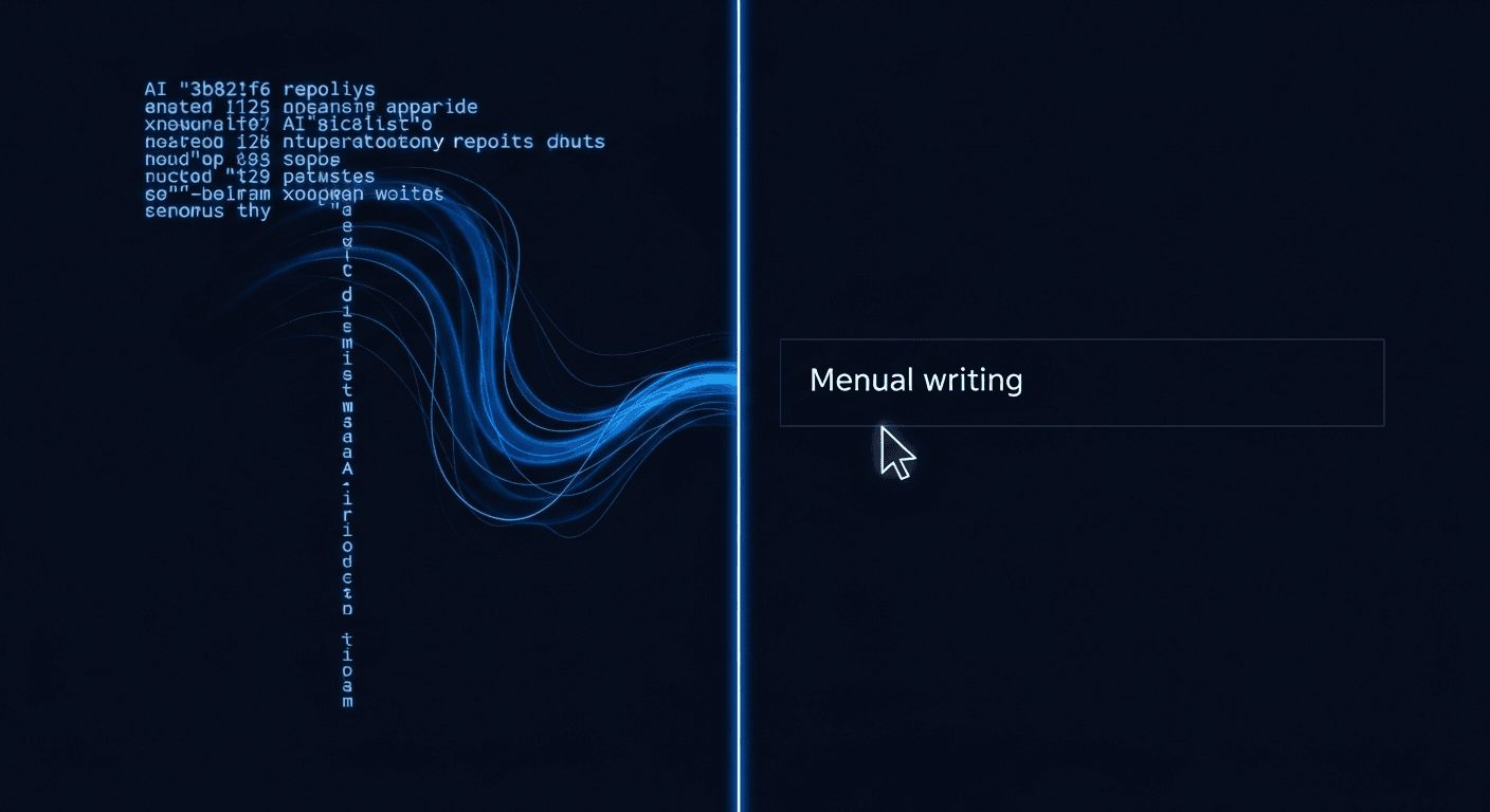 AI reply generator interface alongside a blank text box representing writing replies manually on a dark navy background