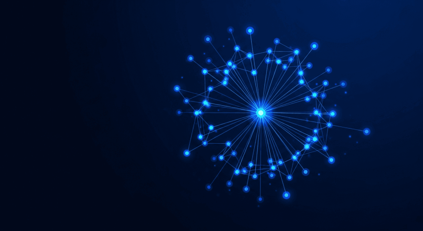 Abstract network of connected nodes on dark navy background with electric blue and indigo lines representing cross-platform presence