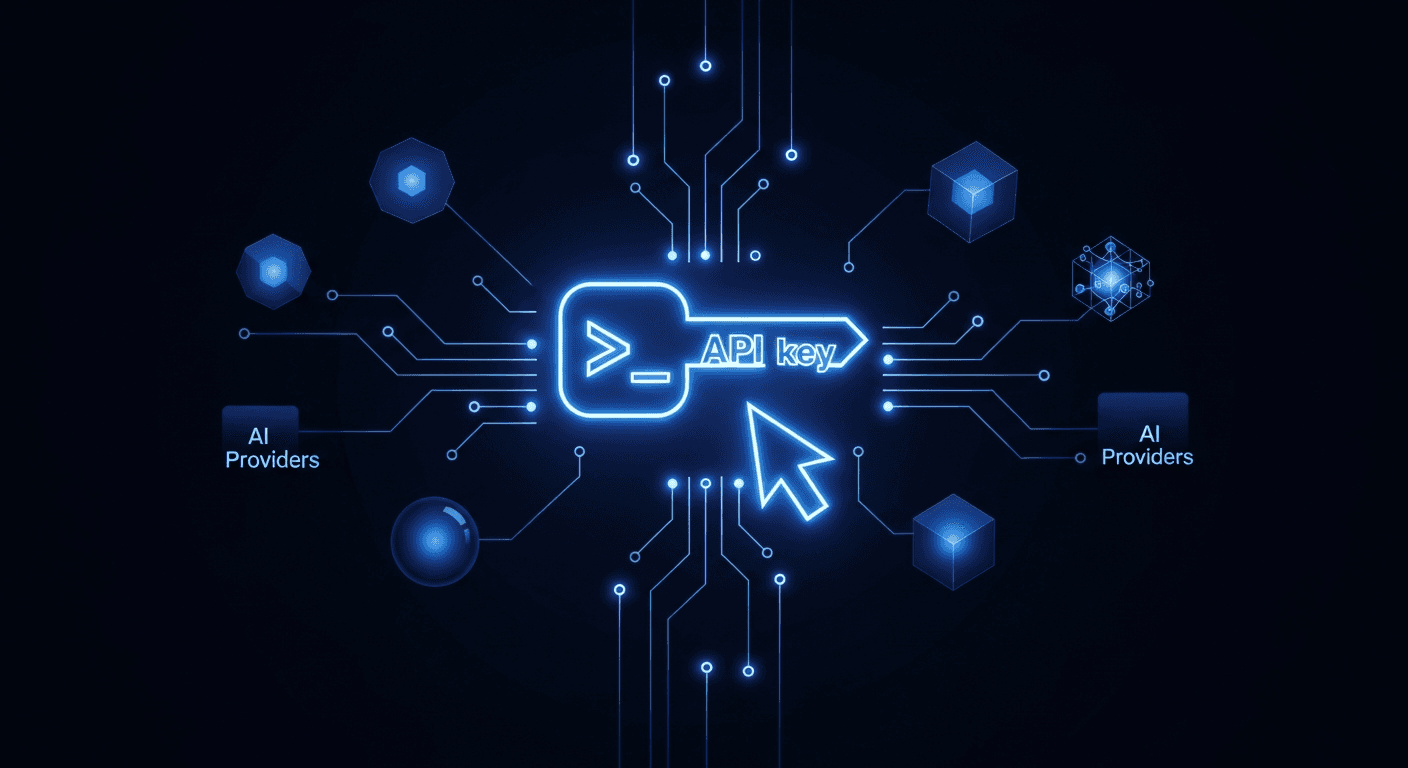 Abstract API key connection graphic on dark navy background with electric blue accents