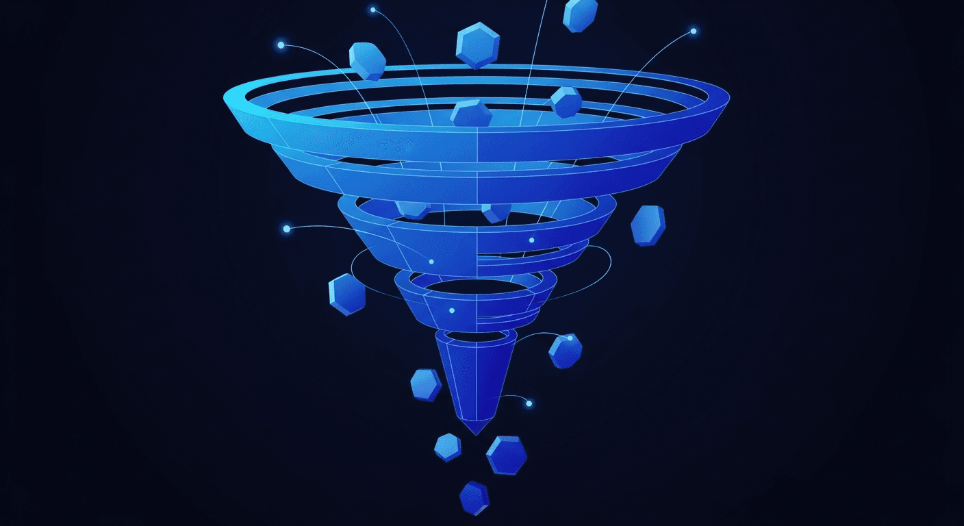 Abstract funnel with pipeline flow shapes on dark navy background with electric blue accents