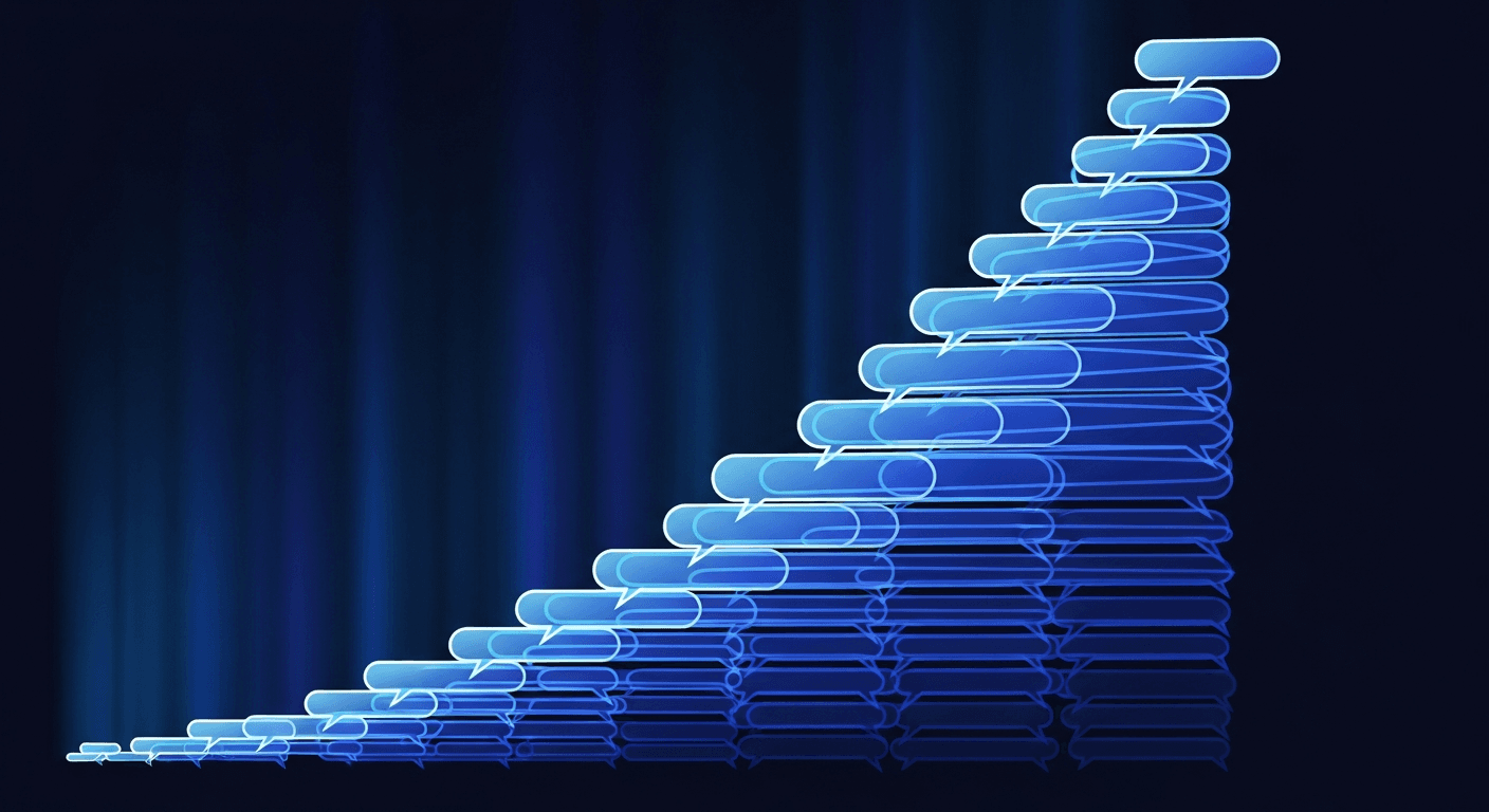 Abstract stacked message bubbles forming an exponential curve on dark navy background