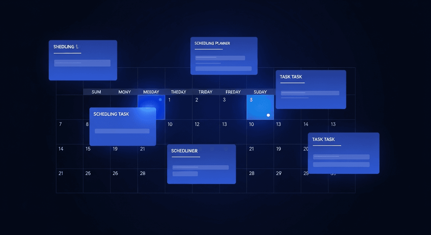 Abstract calendar and scheduling grid on dark navy background with electric blue accents