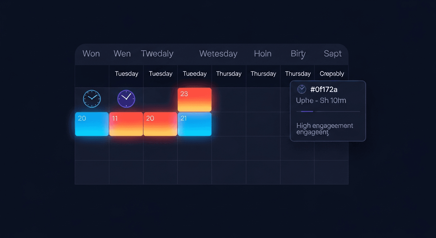 Abstract clock and calendar visualization on dark navy background with electric blue accents