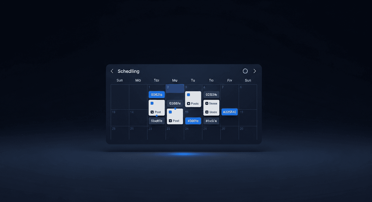Can You Schedule Instagram Posts? Minimalist calendar grid with Instagram post slots queued on a deep navy background
