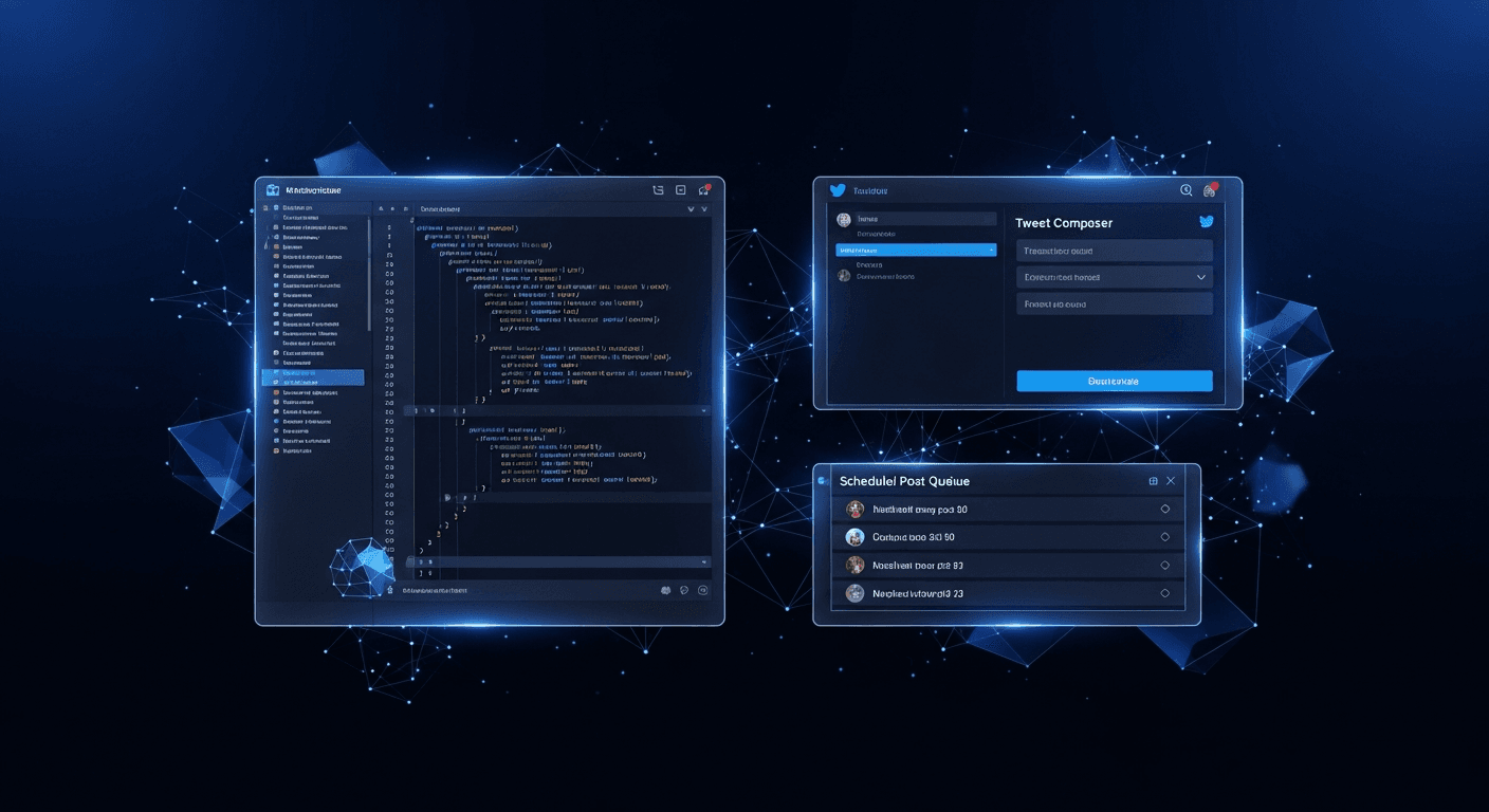 Code editor terminal showing XreplyAI MCP tools generating and scheduling tweets