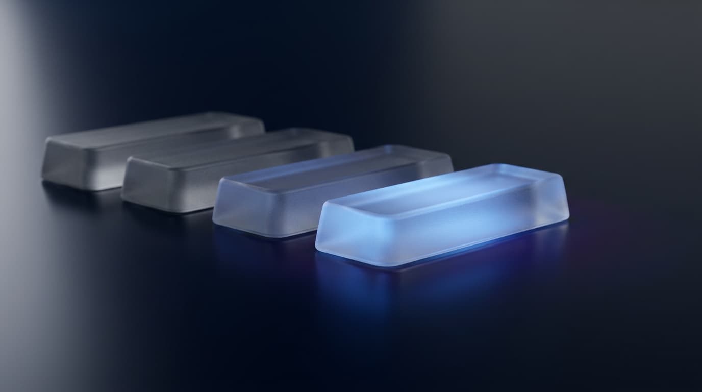 Four frosted glass blocks in a row on a dark surface, the nearest one glowing blue