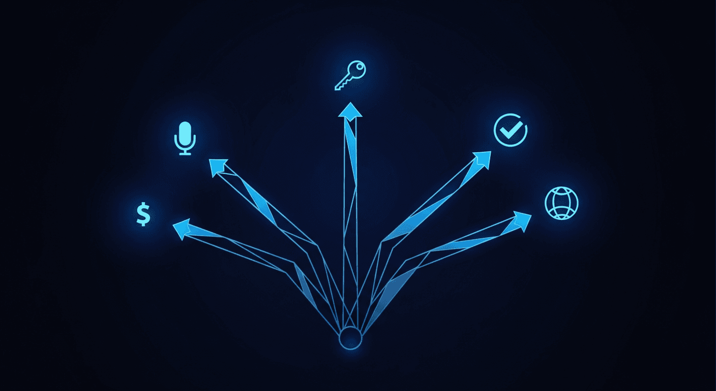 Abstract decision tree diagram with branching evaluation paths on dark navy background