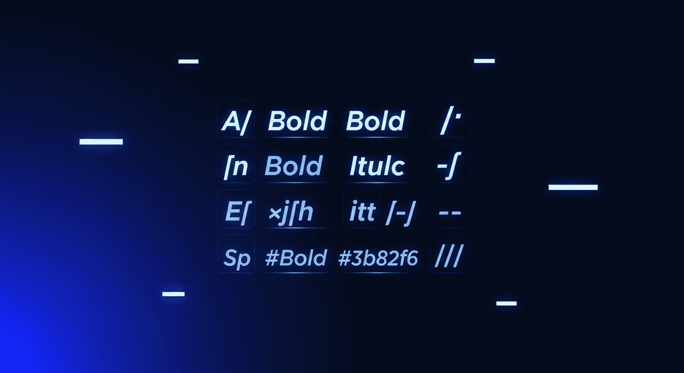 Abstract dark-mode illustration of Unicode text formatting symbols representing bold, italic, and bullet points for LinkedIn posts