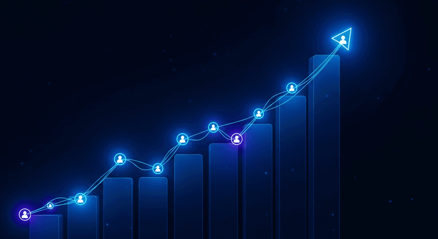 Abstract dark navy illustration of LinkedIn growth signals with electric blue network nodes and indigo accents