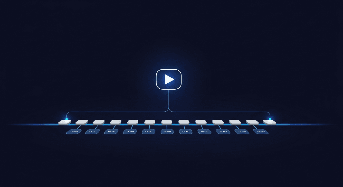 Abstract calendar grid with a glowing play button marking a scheduled publish slot