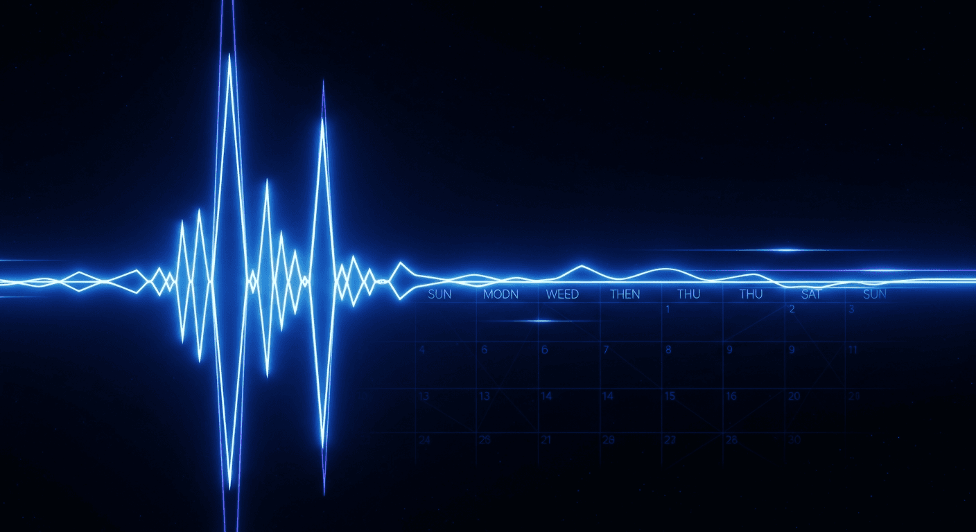 Voice waveform merging with a scheduling calendar grid on dark navy background