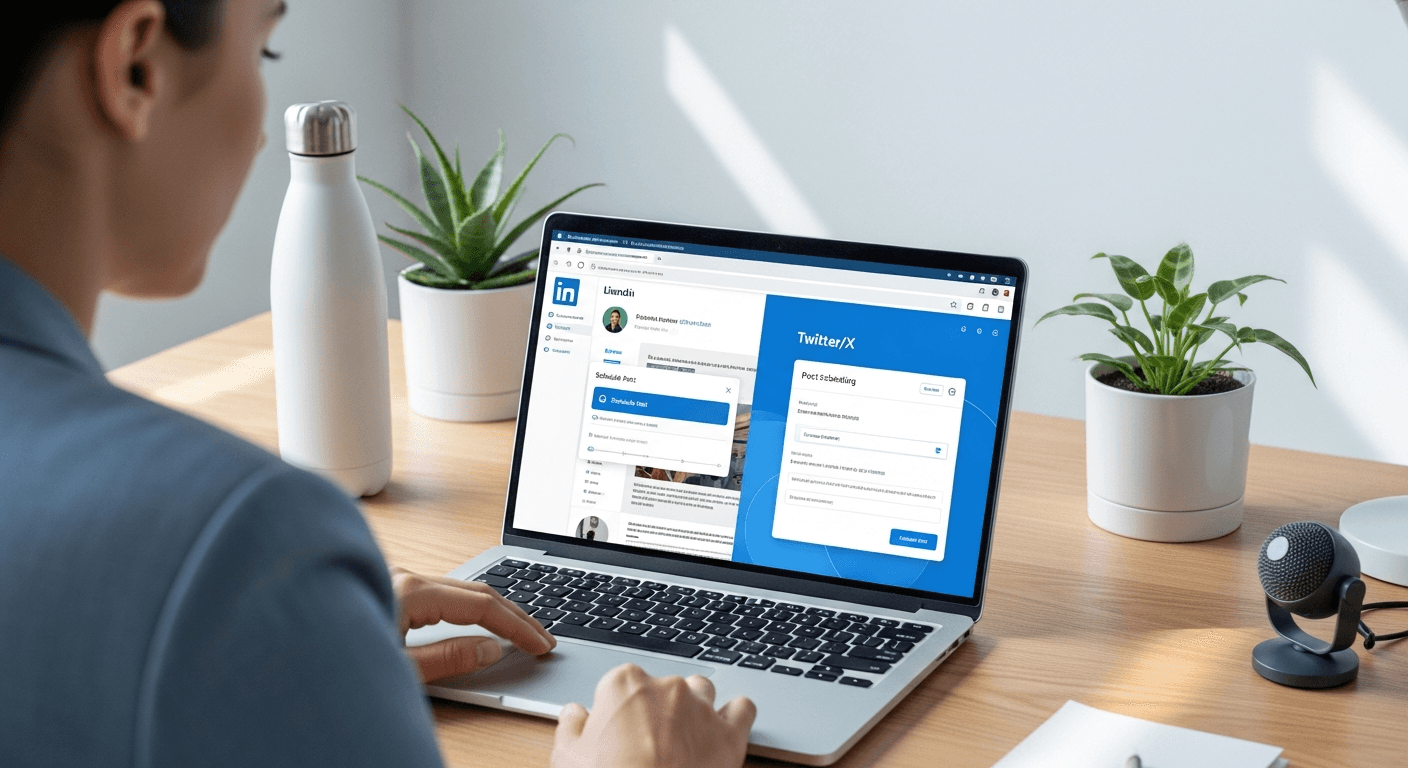 Person scheduling social media posts across LinkedIn and Twitter on laptop