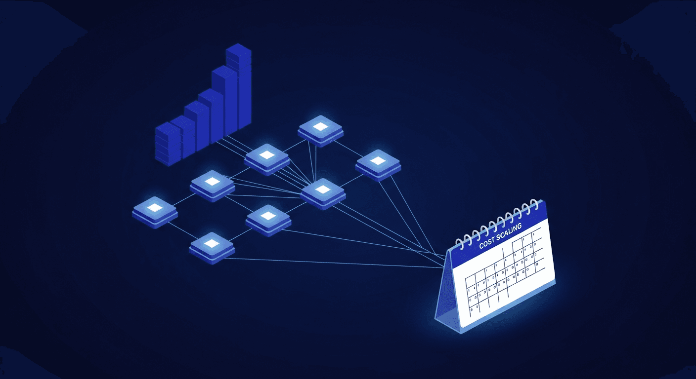 Dark navy calendar grid comparing per-channel and flat scheduling costs across eight social platforms