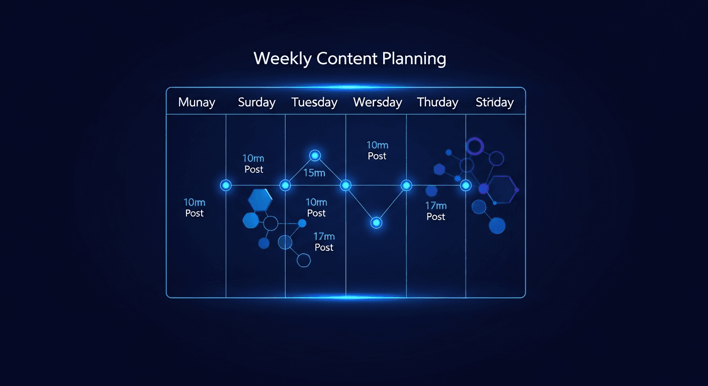 A weekly social media content plan laid out on a dark minimal dashboard