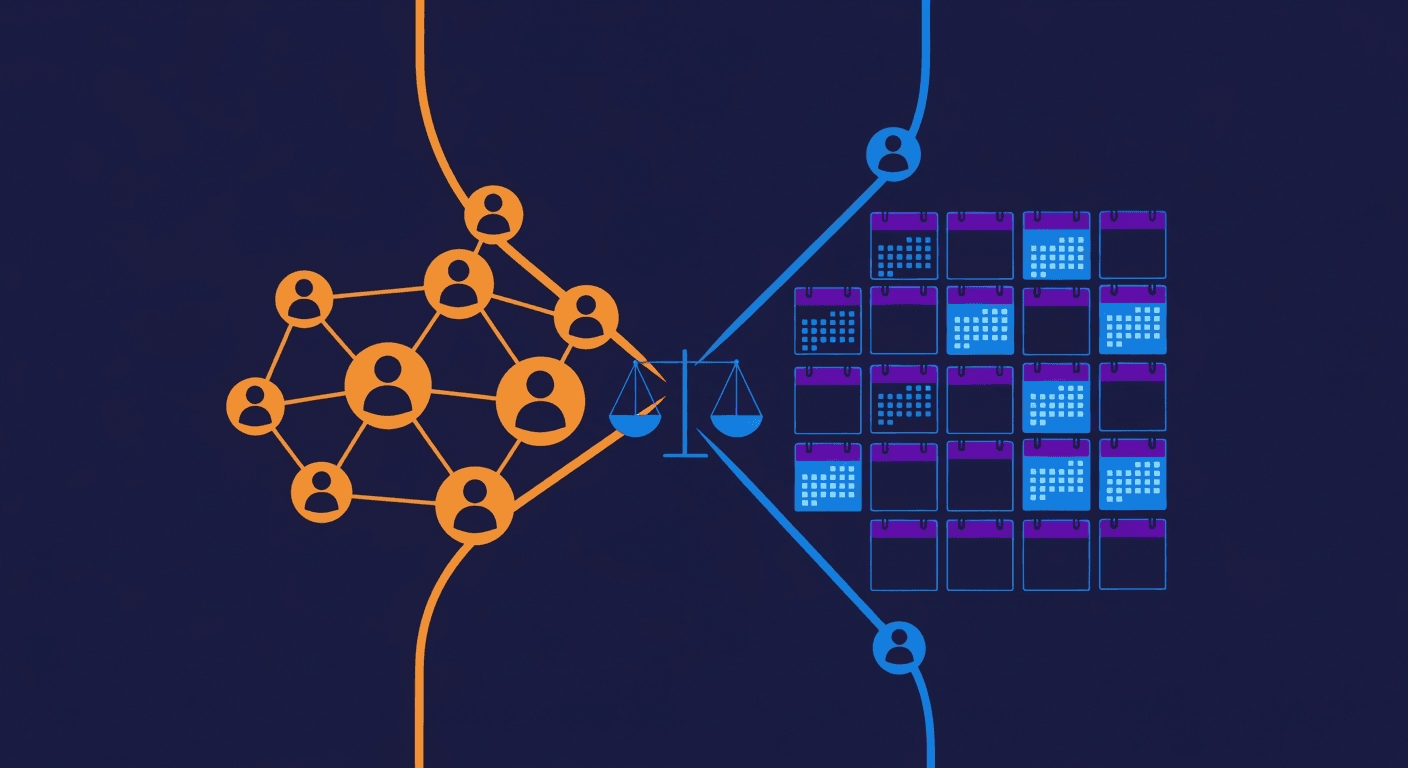 A network of people on one side balanced against a grid of calendar tiles on the other