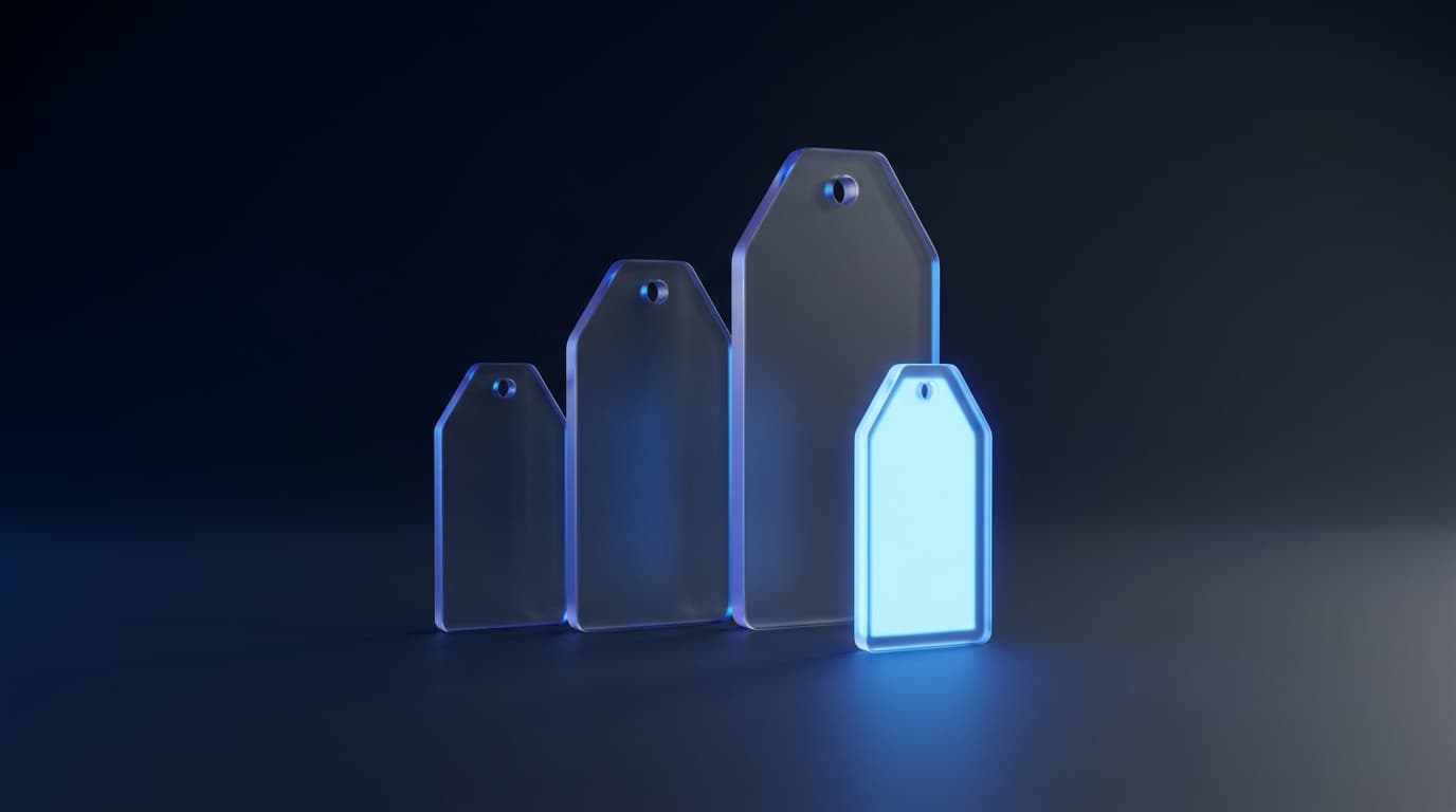 Three frosted glass price tags growing in size beside a smaller glowing blue tag