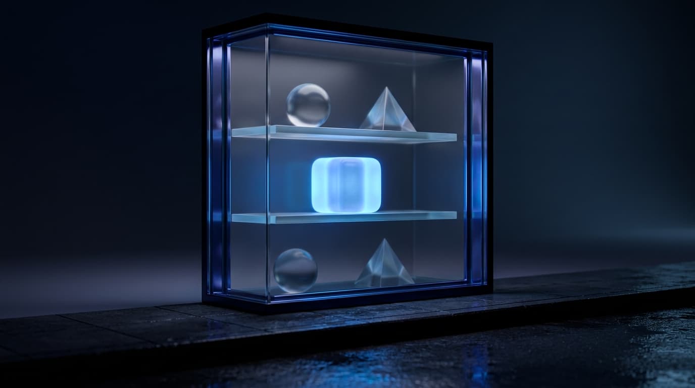 Glass display case with simple glass shapes on its shelves, one glowing blue in the middle