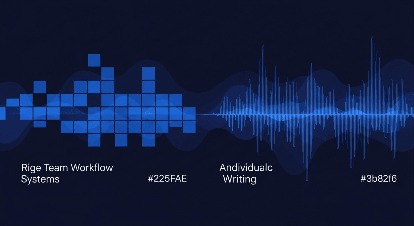 Abstract comparison of two social media tools: agency workflow vs founder voice profile, dark navy background with electric blue accents