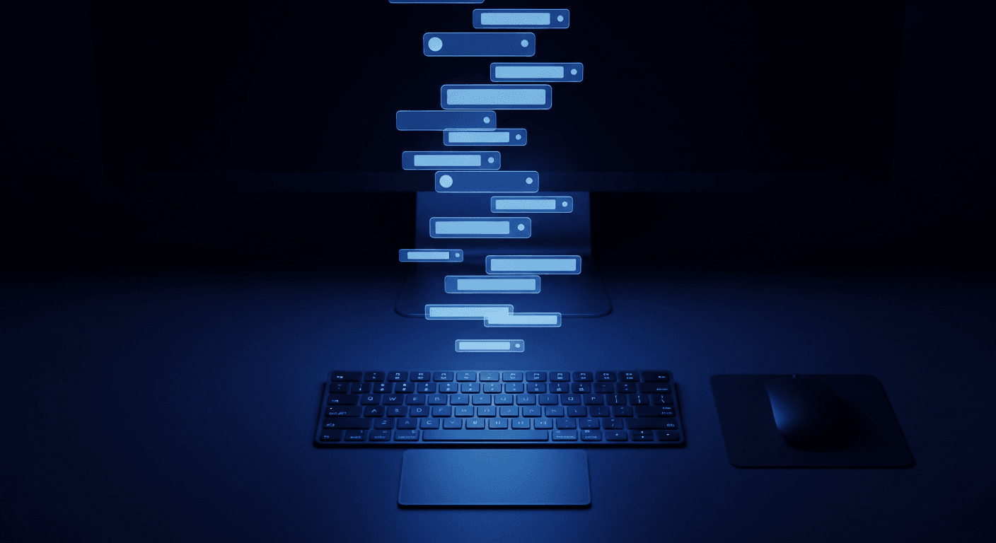 Founder at laptop with social media notifications and a product roadmap visible