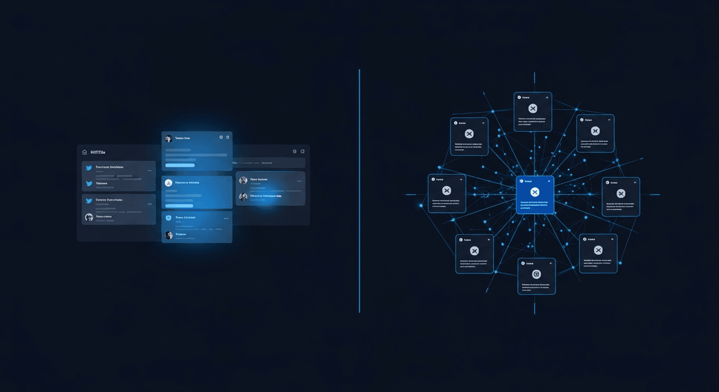 Tweet Hunter vs XreplyAI comparison: two social media workflow panels on a dark navy background with electric blue accents