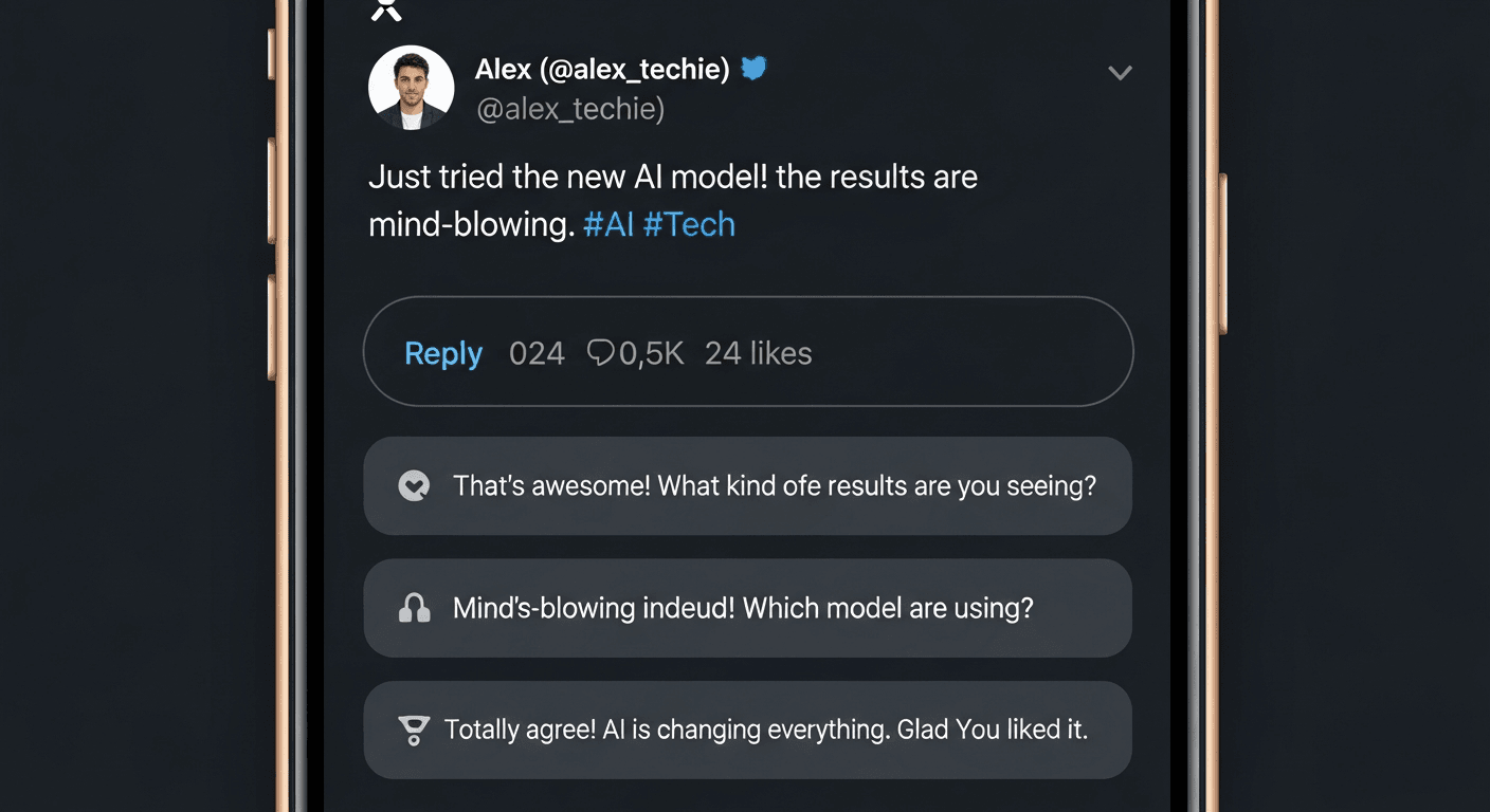 AI tweet reply generator interface showing replies drafted inside X