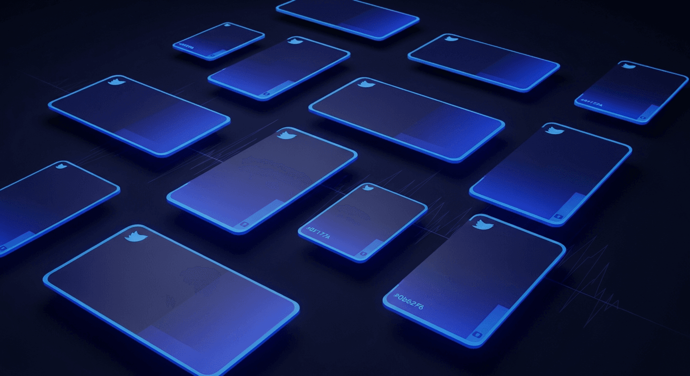 Abstract dark navy grid of tweet format cards with electric blue accents
