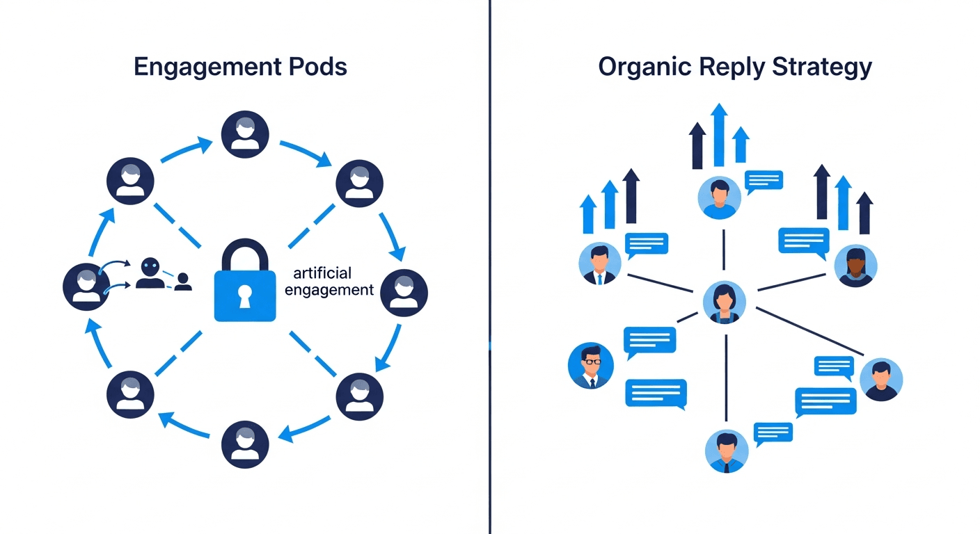 Diagram showing Twitter engagement pods versus organic reply strategy on X