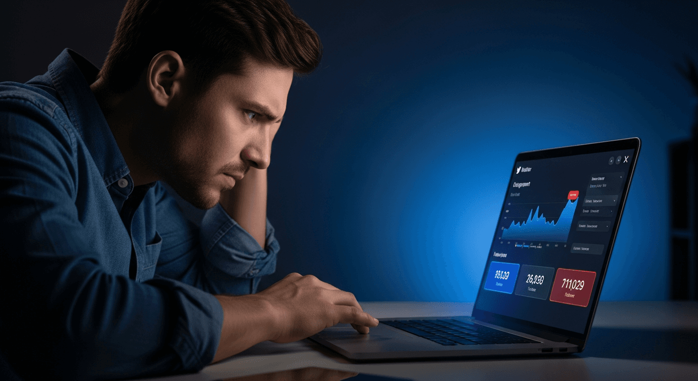 Founder at laptop looking frustrated at stagnant Twitter analytics dashboard
