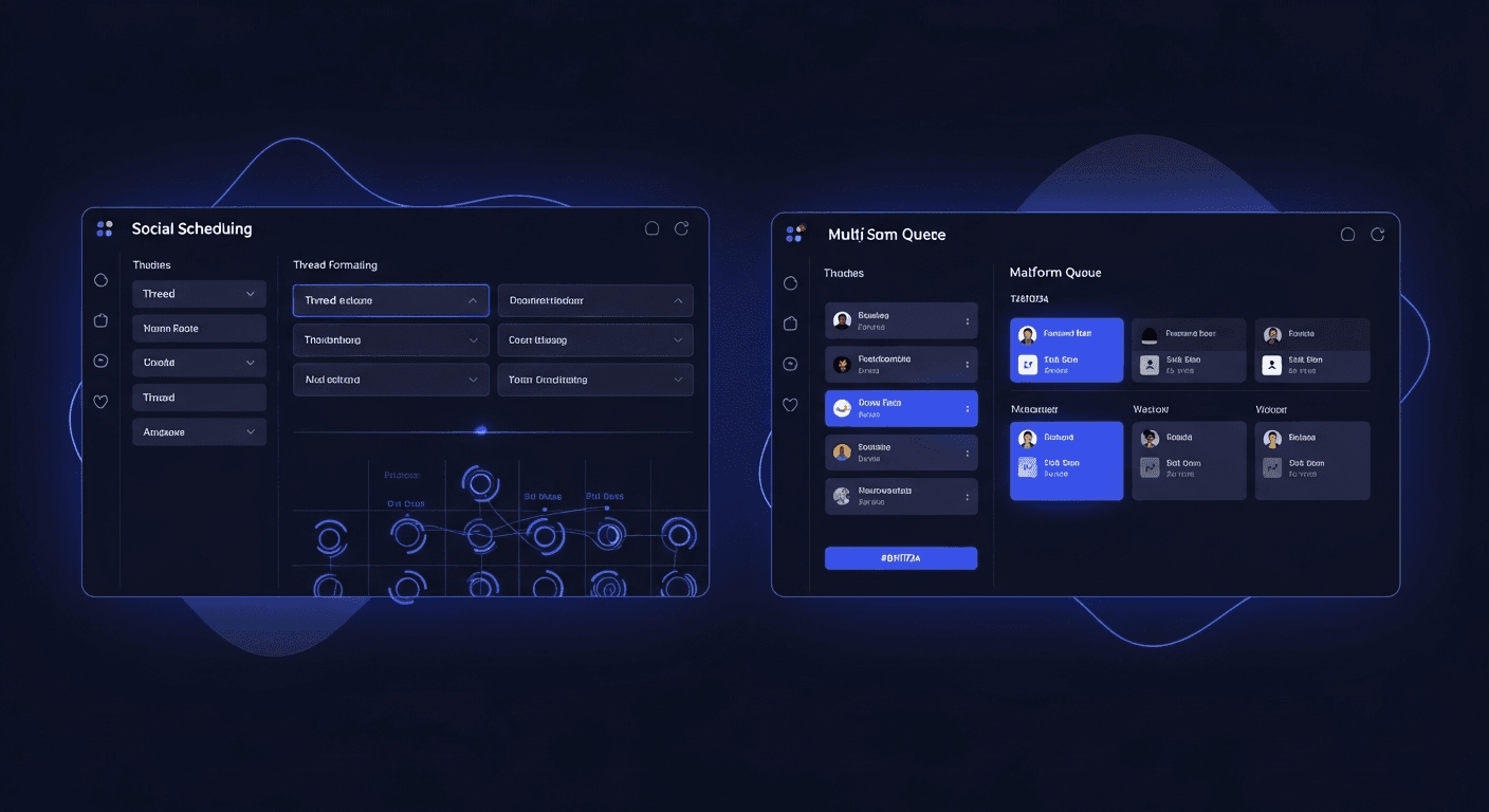 Split comparison of Typefully and XreplyAI scheduling interfaces on a dark navy background with electric blue accents