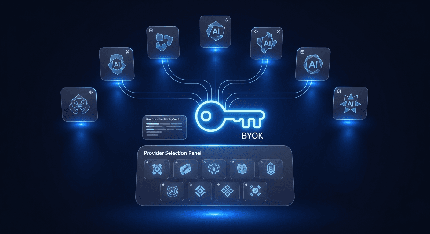 Diagram comparing traditional AI tool pricing versus BYOK direct API key model
