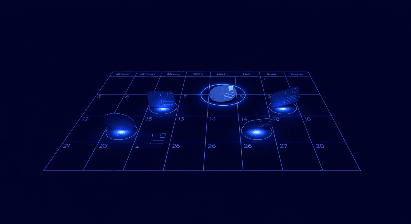 Abstract calendar grid with layered blue panels marking queued content across a month